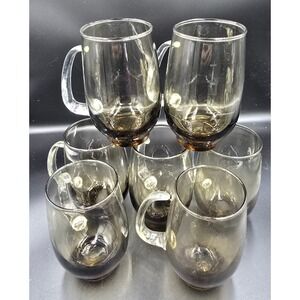 Set of 7 Vintage Libbey Brown Tempo Glasses‎ Tankard Mugs With D-Handles MCM